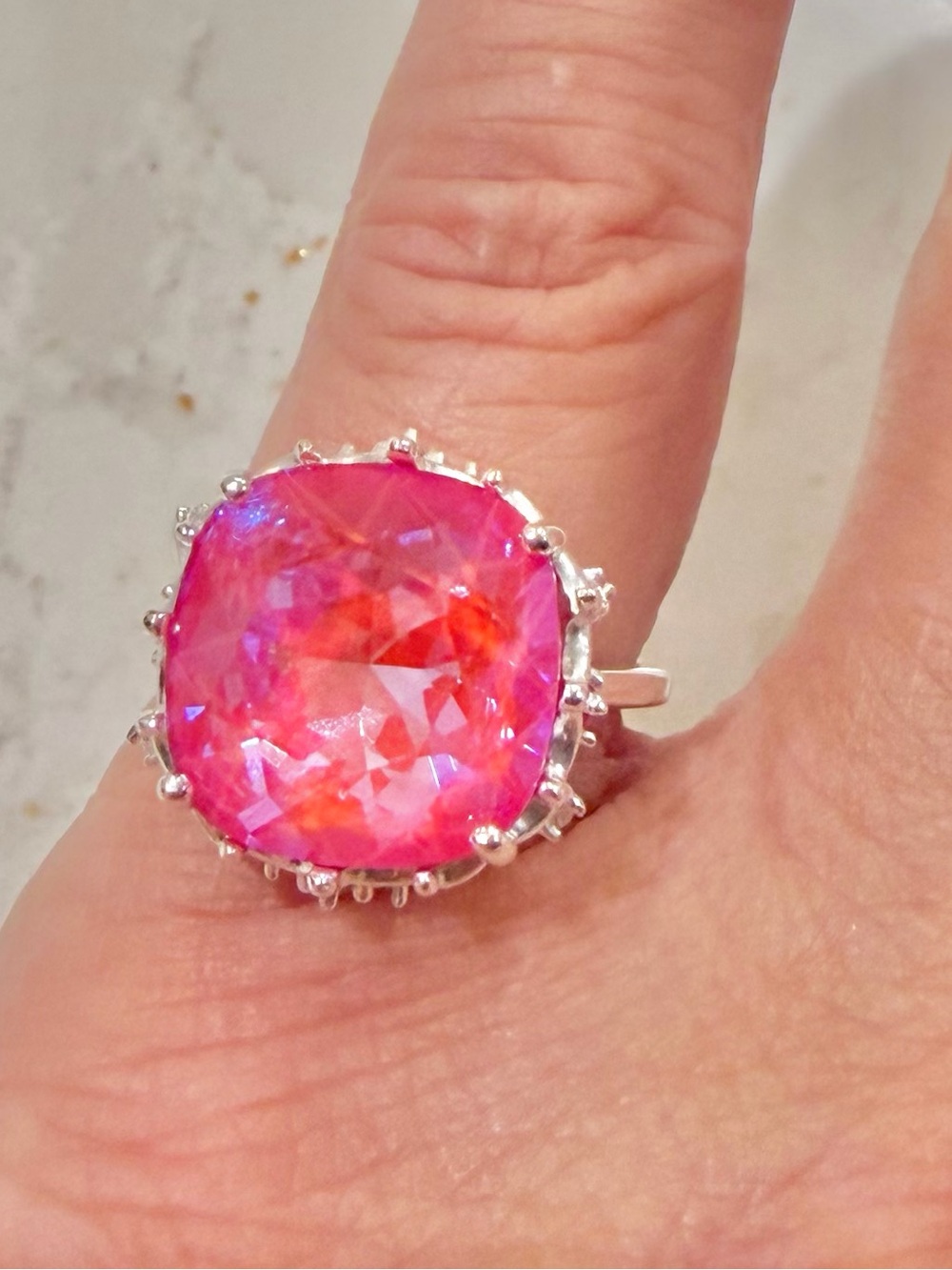 Signed IBB Sterling Silver 925 Cushion Cut Fuchsia Pink Cocktail Ring Size 5